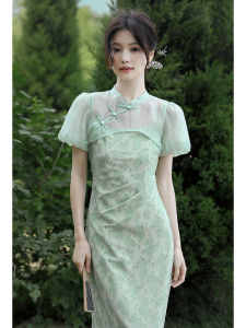 Mint Wave Style Cheongsam Wind Coat Dress Long Skirt Poly Fiber No Sleeve Zipper Closure Commuter Artistic Waist Inward Dress