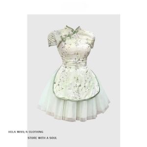 HELA Retro Phong Cách Trung Quốc Cổ Đứng Họa Tiết In Qipao Đầm Nữ Mùa Hè Chân Váy Chữ A Lưới Nối Đầm Cỡ Lớn