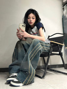 Retro American Vibe Womens High Waist Wide Leg Jeans Side Stripe Loose Drapey Denim Pants Summer Fashion Trendy Design