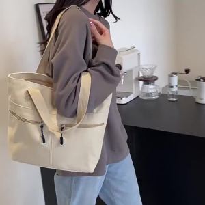 2024 New Simple Comfortable Large Capacity Casual Canvas Solid Color Commute Shoulder Bag  Tote Big Bag Women