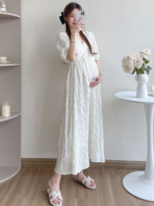 Summer Long French Style Maternity Dress Elegant Mom-to-be Gown Korean Version V-neck Short Sleeve Full-term Pregnancy Wear
