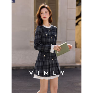 Vimly | Blue Plaid Chic Long Sleeve Mid-length Women Dress
