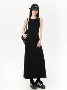 High Waist Sleeveless Cotton and Polyurethane Elastane Black Dress with Cross Back and Chest Pad Long A-Line Skirt for Women