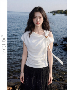 YOUXIANG | Áo Blouse Ôm Dáng Flutter Collar Draped Off-shoulder
