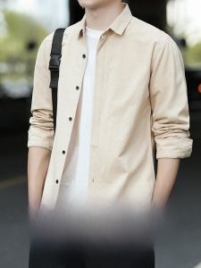 ROMON | Romon Mens Long Sleeve Cotton Shirt Casual Loose Fit Youth Trend Autumn Outerwear Workwear Style Button Detail Washed Fabric