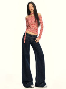 Original American Retro Deep Blue Loose Fit Floor-Length Bell Bottom Jeans Wear-resistant Casual Low Waist Denim Pants