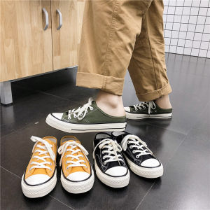 Mens Summer Slip-On Canvas Shoes Half Slip No-Back Low-Top Rubber Sole Breathable Flat Heel Simple Style Youth Footwear