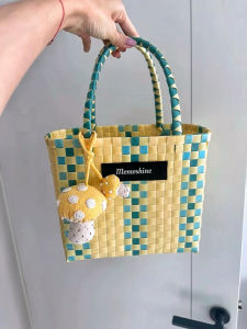 Rainbow Elephant Woven Handbag Tote Bag Womens Shopping Bag Bathing Beach Bag Soft Handle Korean Style Acrylic Plastic Bag
