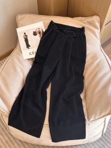 สูง เอว ขากว้าง กางเกง ผู้หญิง ฤดูร้อน 2024 ใหม่บางสูง เอว Drape ดีไซน์ ลำลอง กางเกงสูท สีดำ Magic Tape Ladies กางเกงขายาว