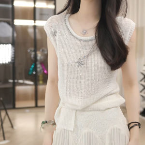 Shalldoer | Áo len dệt kim hở lưng thời trang mùa hè cho nữ tay ngắn đính hạt thiết kế độc đáo đẹp mắt chất liệu cotton dáng rộng thường ngày