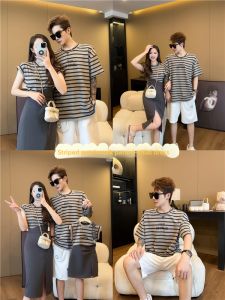 Internet Celebrity Classy Parent-Child Clothes Summer a Family of Three and Four Parent-Child Stripes Patchwork Contrast Color Holiday Dress