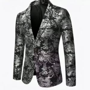 Mens Slim Fit Print Blazer Jacket 2025 Fashion Handsome Business Casual Silver Stage Show Suit Small Menswear