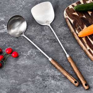 WORTHBUY 304 Stainless Steel Turner With Wooden Handle Heat-Resistant Long Handle Soup Ladle Spatula Kitchen Cooking  Utensils