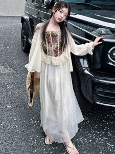 ชุดเดรสเด็กผู้หญิงแขนกุดคอวีแขนสั้นผ้าฝ้ายลินิน ชุดสองชิ้นสไตล์วันหยุดฤดูร้อน ชุดเด็กผู้หญิงสไตล์นางฟ้า