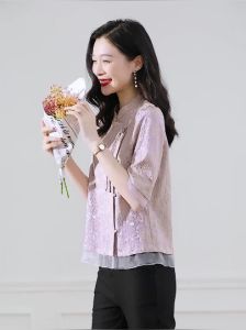 เสื้อเบลาส์สุดเสียง 5/4 ผู้หญิง Qipao จีน หม่อนเครป ชมพู สีชมพู เครื่องดื่มโยน สำหรับผู้ใหญ่