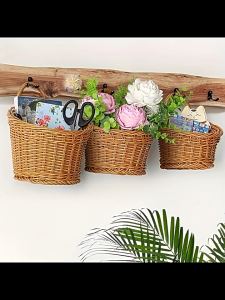 HOMEKING | Hand-woven Hanging Baskets for Home Decoration Imitation Rattan Kitchen Storage Basket Living Room Vegetable Fruit Flower with Handle Wall Hanging Basket