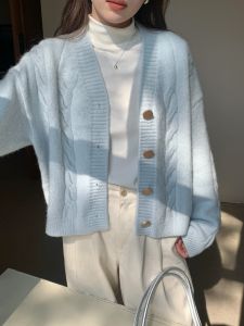 Light Blue V-Neck Twisted Knit Sweater Cardigan Womens Autumn Winter Loose Soft Thickened Knitted Outerwear Versatile Long Sleeve