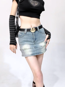 beautified กระโปรงยีนส์สั้นเอวสูงทรงเอ ย้อนยุค สาวตัวเล็ก เข้ารูป มีซับ