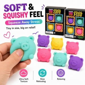 Schylling | 4-Pack Kitten Bear & Pig Squishy Stress Relief Balls Sensory Fidget Toys for Adults Anti-Anxiety Sensory Toy Mini Gift Box