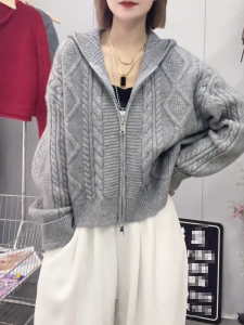 QINGNAER | Simple Plus Size Knit Hoodie Jacket Gray