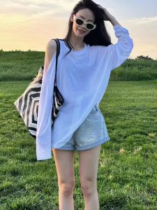 Long Sleeve Ice Silk T-Shirt Womens Loose Lazy Style Shoulder Bared Thin Sun Protection round Neck Cover up Top for Autumn