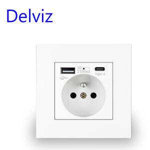 Delviz พร้อม usb ปลั๊กมาตรฐานฝรั่งเศส ปลั๊กไฟ 16A สําหรับฝรั่งเศส แผงพีซีสีขาว แจ็คชาร์จ 1A1C 5V ปลั๊กติดผนัง USB Type C