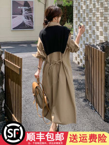 Khaki Shirt Dress Womens Spring Autumn Loose Belly Covering Elegant Slimming Long Dress A-Line Midi Dress Single Piece