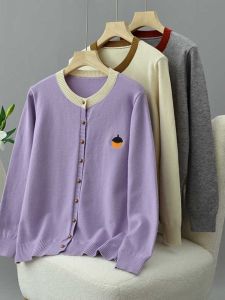 Spring Autumn Korean Style Knitted Open Cardigan Design Large Size round Neck Embroidered Button Sweater Jacket Color Block