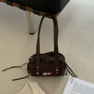 clu Korean retro checkered Boston bag women 2026 new niche design single shoulder underarm hand bag ulc