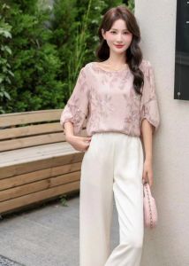 Elegant round Neck Silk Shirt High-End  Silk Embroidery Fashionable Summer New Arrival Womens Trendy Shirt