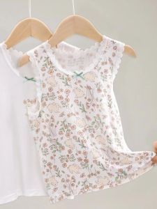 Girls Sleeveless Vest Ice Silk Thin Model Summer New Style Childrens Clothing round Neck Animal Patterned Ladies Style Tops