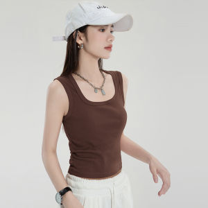 Áo Vest Ôm Vừa Vặn Cổ Vuông Vai Rộng Màu Nâu Mỹ Mùa Hè 2025 Áo Vest Nữ Cổ Điển Màu Trơn Mặc Trong Quần Áo Công Sở