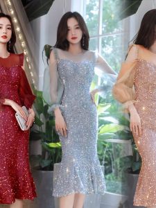 Elegant One-Shoulder Evening Gown Womens Hostess Birthday Party Dress Luxury Mid-Length Long Sleeve Fish-Tail Style Wedding