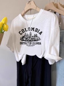 Áo Thun Cotton Trắng Mùa Hè Dáng Rộng Tay Ngắn Cổ Tròn in Họa Tiết Phong Cách Retro Cỡ Lớn Cho Nữ