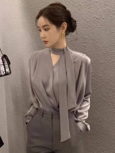 YAOMUHUA | French Elegance Acetate Satin Shirt V-neck with Ribbon