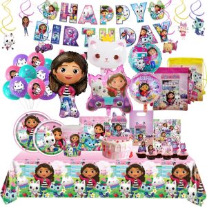 Gabby Dollhouse Birthday Decorations Paper Disposable Tableware Cat Balloons Backdrop Kids Girls Baby Shower Party Supplies