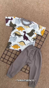 Setelan Baju Pendek Celana Panjang Size 3-12 Bulan Kancing Pundak dan Celana Diapers Bayi laki-laki perempuan Motif Stegosaurus - Almeera Baby and Kids