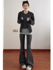 Deep Grey Spliced Bell Bottom Pants Womens Spring Autumn 2025 New High Waist American Style Yoga Sporty Sweatpants