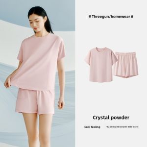 THREEGUN | Ice Cube Three Gun Womens Summer Sleepwear Thin Cool Feeling Ice Spring Cotton Antibacterial Mite Proof Short Sleeve Outdoor Home Clothes
