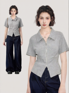 BAIDAIFEI | Áo Thun Polo Cổ Zipper Ôm Sát Tay Ngắn