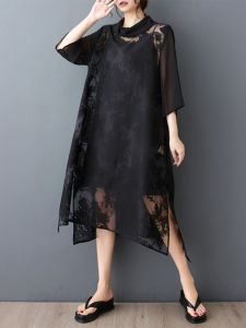 Summer Fashion Classy Organza Jacquard Dress Plus Size Womens Back Breasted Side Slit Loose Long Skirt