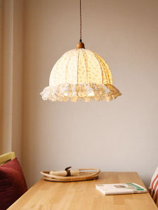 Retro Lace Chandelier French Country Simple Fresh Cream Style Bedroom Restaurant Light Fabric Shade Wood Body LED Bulb Included