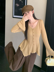 XUECAIQI | Elegant Autumn Slimming Set French Flare Sleeve Knit Top Wide Leg Pants