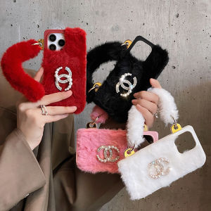 Fluffy Hair Case For Apple iphone 15 Pro Max 14 Pro 13 12 Pro iphone 11 Case Soft Furry Fur TPU Warm Plush Handbag Phone Wristband Holder Case Bag Hairball Fuzzy Winter Warm Faux Skin Cover