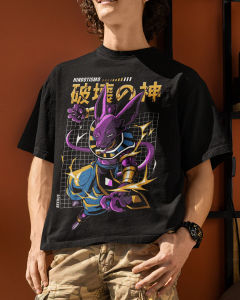 Mens Black T-Shirt with God of Destruction Beerus Graphic Purple Anime Character with Yellow Lightning Effects Design