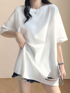 European Goods White Short Sleeve T-Shirt Womens Bottoming Shirt Oversized Loose Mid-Length Cotton Belly Covering T-shirt Inner Wear Blouse