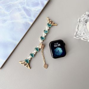 Ultra Crystal Heart Pearl Bracelet Watch Band S10987654321SE Compatible with Apple Watch Stainless Alloy Diamond Embedded