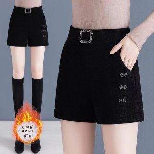 กางเกงขาสั้นผ้าขนกระต่ายเอวสูงสำหรับผู้หญิง กางเกงขายาวทรงหลวมสีดำ กางเกงขายาวทรงหลวมสำหรับใส่ลำลองในฤดูใบไม้ผลิและฤดูใบไม้ร่วง