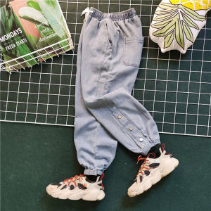 กางเกงยีนส์ทรงหลวมขาบานฤดูใบไม้ผลิและฤดูร้อนสำหรับผู้ชาย กางเกงขายาวทรงหลวมเอวยางยืด ทรงหลวม กางเกงขายาวทรงหลวม