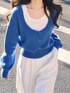 เสื้อคาร์ดิแกนถักสีน้ำเงินสไตล์เกาหลีสำหรับผู้หญิงในช่วงฤดูใบไม้ผลิ ดีไซน์ใหม่ เสื้อคลุมกันหนาวแบบสั้น แขนยาว ปกติ